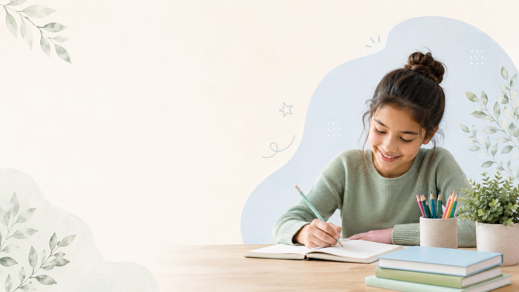 A student writing in a notebook at a desk.
