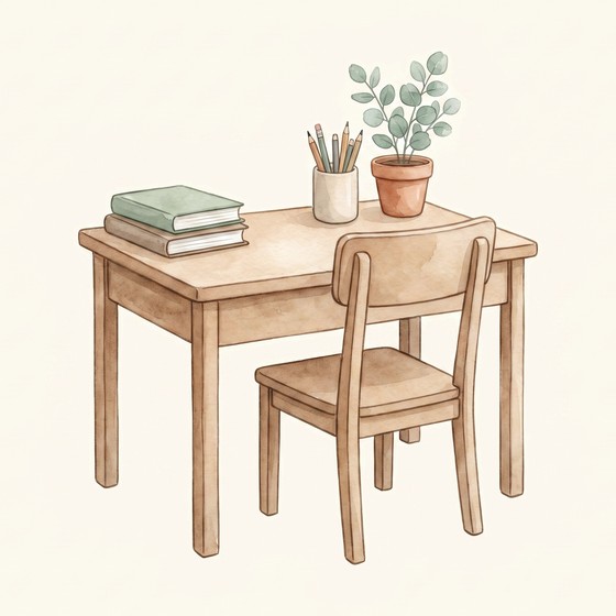 Illustration of a study desk with books and a plant