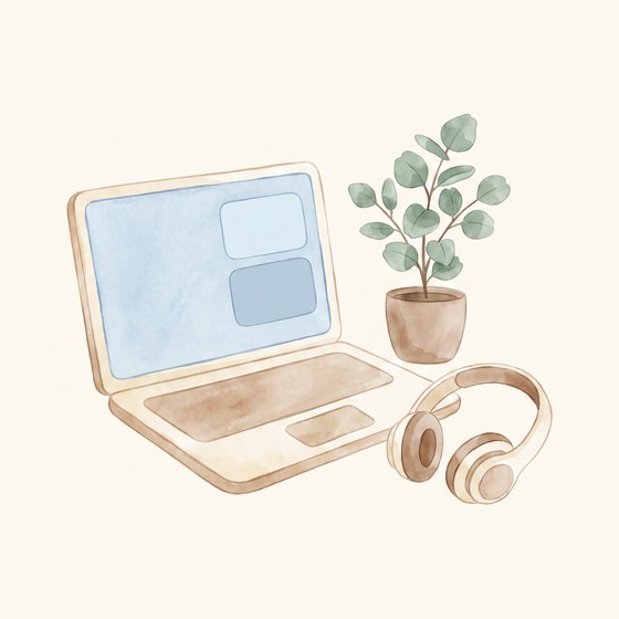 Illustration of a laptop with headphones and a plant