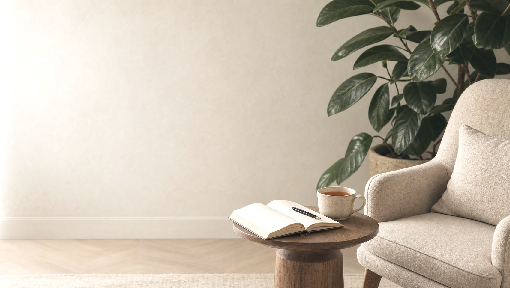 A quiet room with an armchair, an open notebook and a cup of tea in window light.