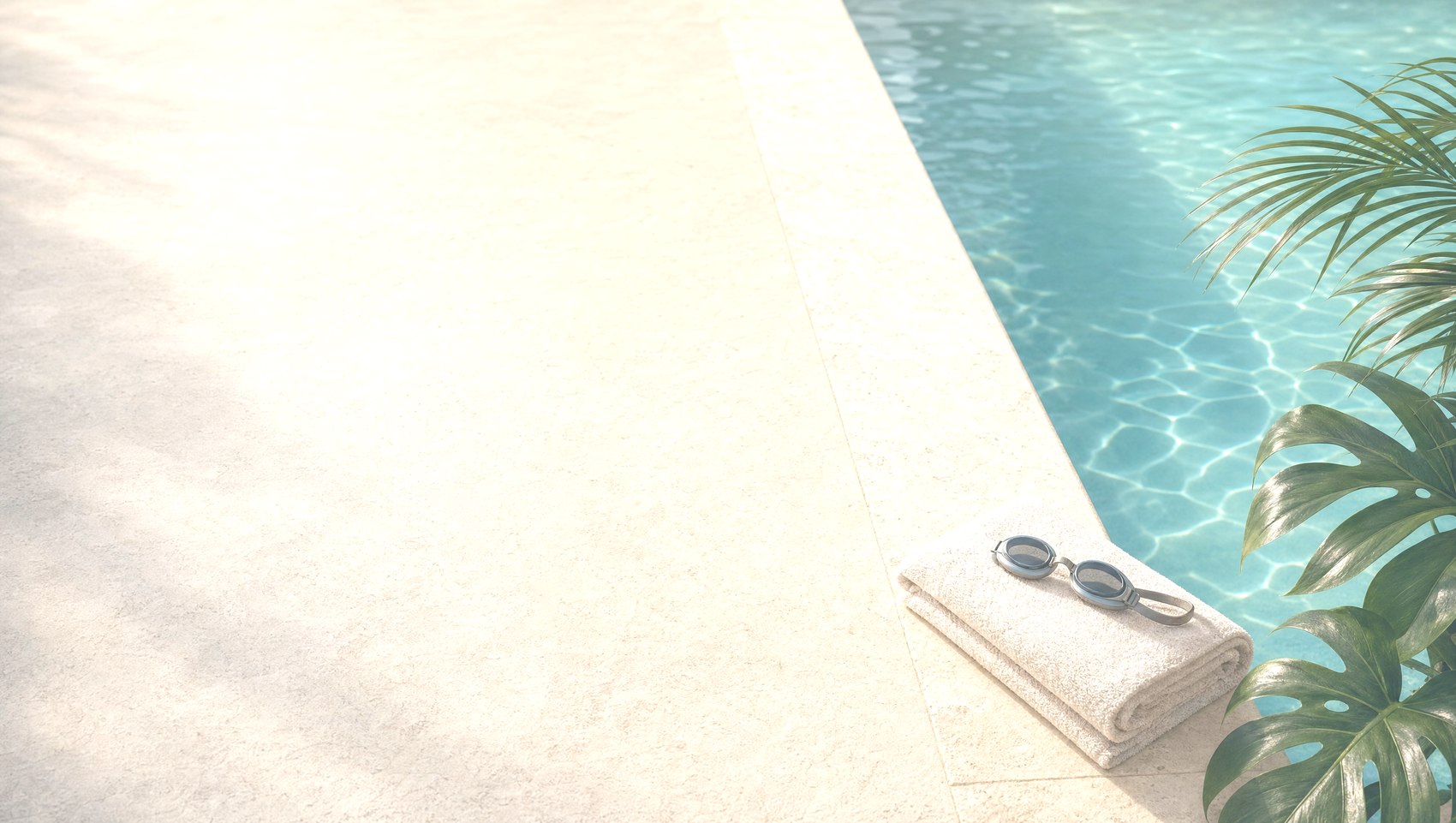 A rolled towel and swimming goggles on warm stone at the edge of a pool.